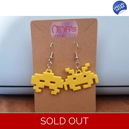 Space Invaders Yellow Retro 3D Printed Earrings Set